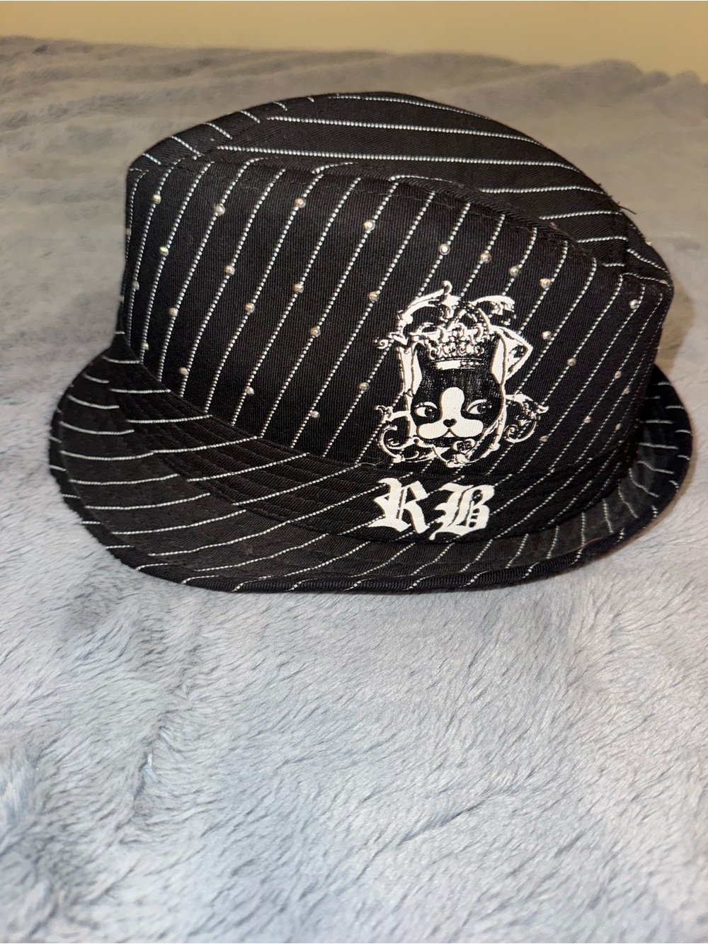 Rebecca Bonbon Black Pinstripe Fedora Hat with Crest Accent